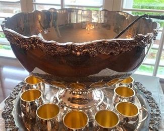 Rogers silverplate punch bowl, tray, 12 cups, and ladle  