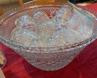 Pressed Glass Punch Bowl with matching cups and hooks