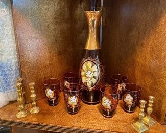 Beautiful Vintage Cordial Decanter and 6 Shot Glasses, Brass Candlesticks