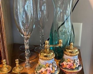 Vintage Italian Capodimonte Porcelain Salt & Pepper Set with Nude Cherubs, Ombre Green Glass Vase signed by Tom McEwen, Set of Champagne Flutes