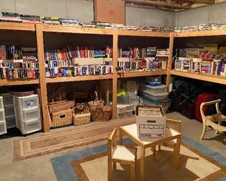 SO MANY BOOKS, small children's table with 2 chairs, Plastic Storage Containers, Baskets, Luggage, Rugs