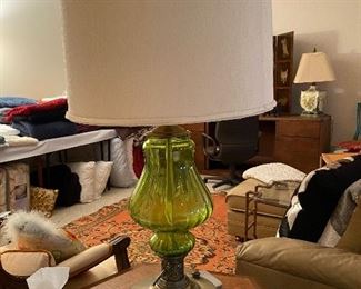 Vintage Green Glass and Brass Table Lamp 