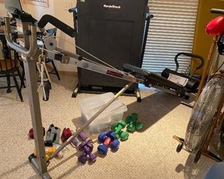 Total Gym 1700, hand weights Nordictrack Treadmill in the background