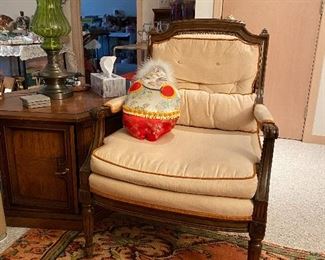 Vintage Side Chair, Hexagonal storage table, Green glass and brass lamp
