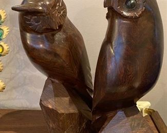 Pair of Carved Mahogany Owls