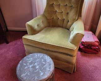 $40 Green Armchair, $ 15 silver footstool