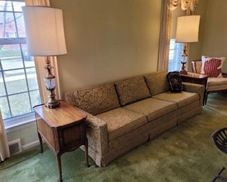 $50  Green MCM mute floral couch, $45ea  (2) Heritage side tables,  $ 40 ea (2) Stiffel brass and crystal lamps