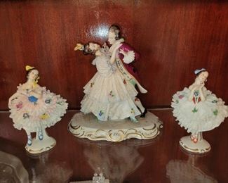 $8 ea, sm Dresden Lacy Porcelain Figures, $25 Large Dresden Lacy Porcelain Dancing Couple- all pieces missing some lace