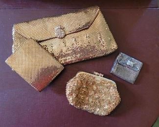 $15 Vintage Liquid Gold Handbag w/wallet, $4 Small gold beaded change, $2 Silver rosary pouch