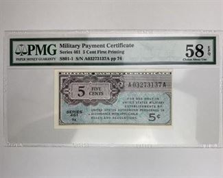 1st Printing US Military Payment Cert. 5c PMG 58 EPQ