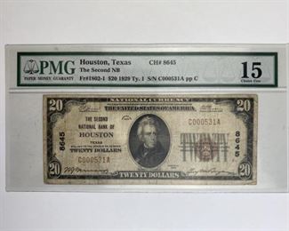 1929 Type I Houston $20 National Currency PMG 15