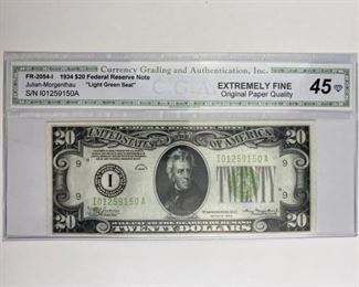 1934 U.S. $20 Federal Reserve Note CGA XF-45