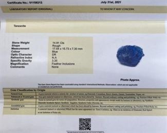 14.91 Carats Tanzanite, Rough, IDT Gem Labs