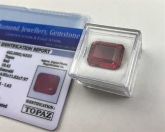 10.42 Carats Red Topaz, Emerald Cut, GGL Labs Cert