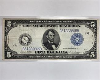 1913 U.S. $5 Large Federal Reserve Note, Nice