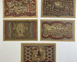 1921 Germany Oldenburg 5 Notgeld Set, Uncirculated. Printed on heavy parchment type paper. Original.