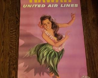 Vintage United Airline Hawaii posters, hula girl and outrigger, great condition, some residual tape on the corners but free of rips or tears...