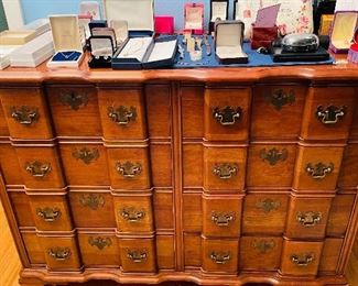 12_____ $295 
Serpentine front chest drawers 5 drawers  • 31Tx42Wx20D  • Solid Cherry