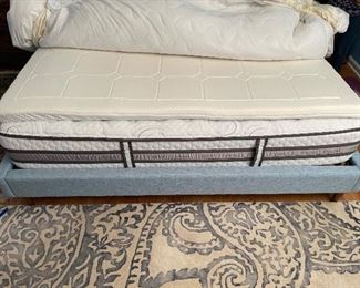 11_____ $650 
Mid century style Blue Linen King size bed frame and mattress Iseries & topper 
