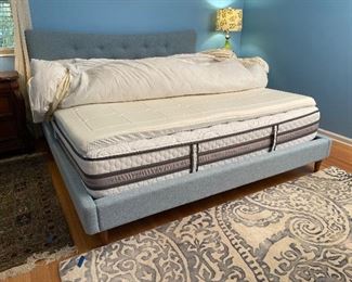11_____ $650 
Mid century style Blue Linen King size bed frame and mattress Iseries & topper 