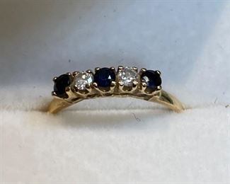 12_____ $75 
14kt gold ring 3 sapphire & 2 diamonds 0.05 sz. 4 1/2