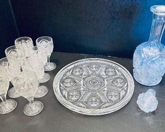 26_______$80 Decanter set with 6 cordials on round tray, cut crystal 