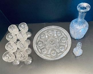 26_______$80 Decanter set with 6 cordials on round tray, cut crystal 