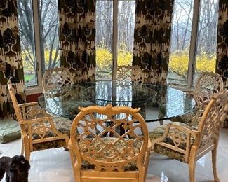 Gorgeous Round lazy Suzanne Glass top Table with 6 Matching Oscar De La Renta Chairs 
Dog not for sale!! 