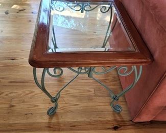 Two Wrought Iron and Beveled Glass Side Tables 