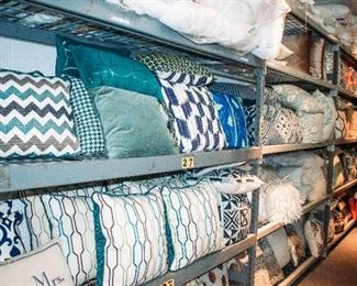 Large assortment of accent & bed pillows - pillow racking also for sale