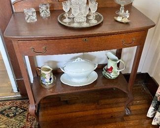 Oak bow front one drawer table cabriole legs Paw feet