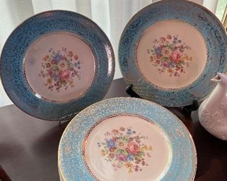 Vintage China Plate Blue with Flowers 23 Karat Encrusted Gold Century By Salem!!