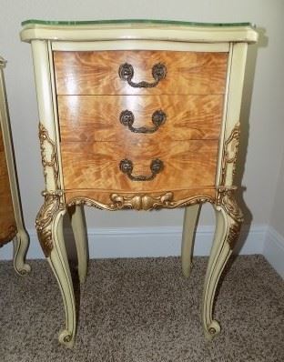 Antique French Rococo Louis XV Style Burlwood Nightstand.  This is a cute French Rococo Louis XV, c. 1910 three-drawer end table that would look great nestled between the two twin beds.  Excellent condition.  It is 29" tall x 17" wide x 13" deep.  Made of exotic burlwood, paint and gilt.  Features a glass top.  $500.