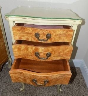 Antique French Rococo Louis XV Style Burlwood Nightstand.  This is a cute French Rococo Louis XV, c. 1910 three-drawer end table that would look great nestled between the two twin beds.  Excellent condition.  It is 29" tall x 17" wide x 13" deep.  Made of exotic burlwood, paint and gilt.  Features a glass top.  $500.