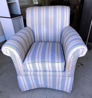 Ethan Allen Upholstered Accent Arm Chair.  Comfortble cushioned armchair made by Ethan Allen furniture company.  It is in structurally good shape but the fabric shows wear and some holes in it. It is 38" tall x 34"wide x 35" deep.  Needs to be cleaned or have the fabric replaced.  $100