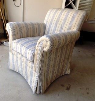 Ethan Allen Upholstered Accent Arm Chair.  Comfortble cushioned armchair made by Ethan Allen furniture company.  It is in structurally good shape but the fabric shows wear and some holes in it. It is 38" tall x 34"wide x 35" deep.  Needs to be cleaned or have the fabric replaced.  $100