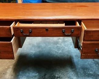Ethan Allen "Country Crossings" Office Desk - Vintage from the 1990's.  Good structural condition.  Scratches and dings on the wood especially around the top edges.  Great opportunity to re-finish or paint it to your liking!  Dimensions: 58" long x 28" wide x 30 1/4" tall. - $350
