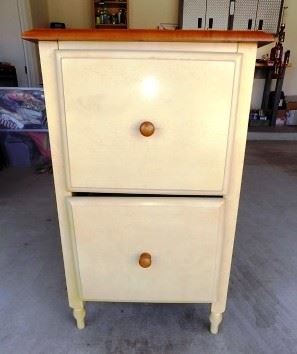 Two-Tone Stand-Alone File Cabinet - All wood.  Structurally in good condition but the bottom drawer needs an adjustment to close straight.   Has been painted.   Dimensions: 30.5"H x 19"W x 21" D.  $40