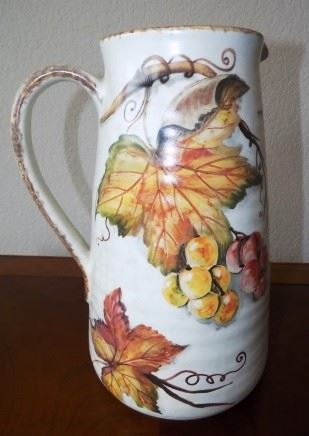 Decorative Ceramic Pitcher w/Fall Foliage Design - Nice looking pottery pitcher featuring fall leaves and grapes.  No chips or cracks noted. 12"H x 9"W.  $35