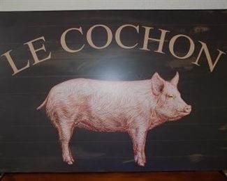 "Le Cochon" Pressed Wood Pig Sign - Cute piggy sign made of pressed wood.  New but made to look aged.  Hanger on the back.  30"L x 20"H x 1.5"D.  $25