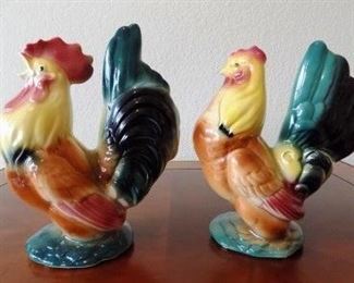 Vintage Royal Copley Hen and Rooster Figurines - Pair of colorful vintage chicken ceramic figures.  6.5"H x 6"W.  No noted chips or cracks but their may be some very minor paint loss on them.  $35