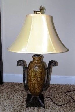 Mosaic Table Lamp - Nice looking lamp with small mosaic tiles adorning the base, metal arms and a horse finial.  Works great. Lamp and shade are in excellent condition.  36" tall  $50