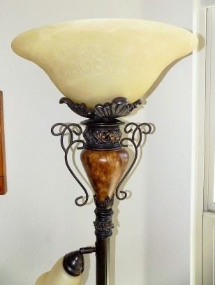 74" Beautiful, heavy weight Tuscan-style floor lamp with 3 light sources.  Heavy metal base.  Frosted glass shades.  Excellent condition.