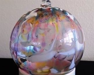 Handpainted Glass Gazing Ball - Beautiful tree or patio ornament.  Measures 5" round.  Has a loop for hanging it up.  No chips or cracks noted.  $15