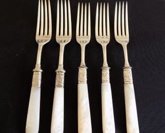 5 Early 1900's Landers, Frary & Clark Pearl Handled SilverPlate Dinner Forks - Some of the plating is coming off one of the forks and there is some minor rust developing. They need a good cleaning.  $100