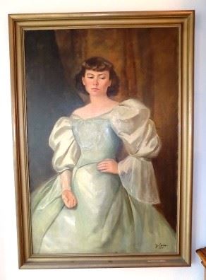 1940 Original Oil on Canvas "Heirloom Dress" by Painter J. Cone - Joan (Jane) Harrison Cone is an artist from the midwest.  The focus of this particular painting was supposed to be of the heirloom dress however, the model's expression really says it all!  This is a huge painting at 53"H x 37"W.  This painting was given as a gift from the artist herself to the seller.  It is dated 1940.   $1500