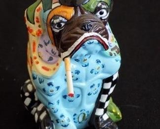 Tom's Drag Shop "Madame Pug" Handpainted Figurine - Pug "Madame" looks a little grim, but that's just for show. She is styled in Tom's Drag Look and is so cool. Cigarette can be removed if you don't like it.  Tom's Drag figures are handmade in Germany.  About 4" tall.  Excellent condition.  No box.  $100