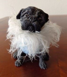 Cute Little Pug with a Sweater and Big Feathery Collar Figurine - His feathers are ruffled but other than that he's in great shape.  Made of resin material.  3.5"H x 2.5"W.  $15