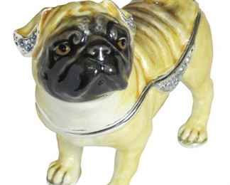 Pug Jeweled Trinket Box with Austrian Crystals - No maker's mark on her.  She is excellent condition AND potty trained!  She is cast in pewter, and enameled with select semi-precious metal platings that include 24 Karat Gold, Silver, Antique gold, Brass, and Bronze. The fine details have been painted by hand by experienced craftsmen, and it has been kiln fired for 4 to 6 hours.  Individually cut genuine Austrian crystals have been carefully selected and set by hand. It features a hinged compartment that can be used for small jewelry, coins, pills, etc.  3" x 2.5". 