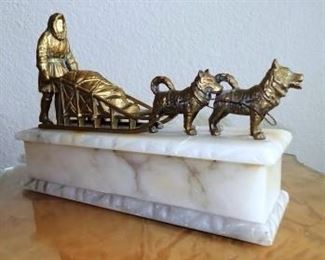 Vintage Cast Brass Eskimo Dog Sledding Quartz Box - Unfortunately the lid to the box is broken in two pieces.  It still looks good, just don't focus on the break and be very careful when you lift off the lid.  About 12" long.  $25